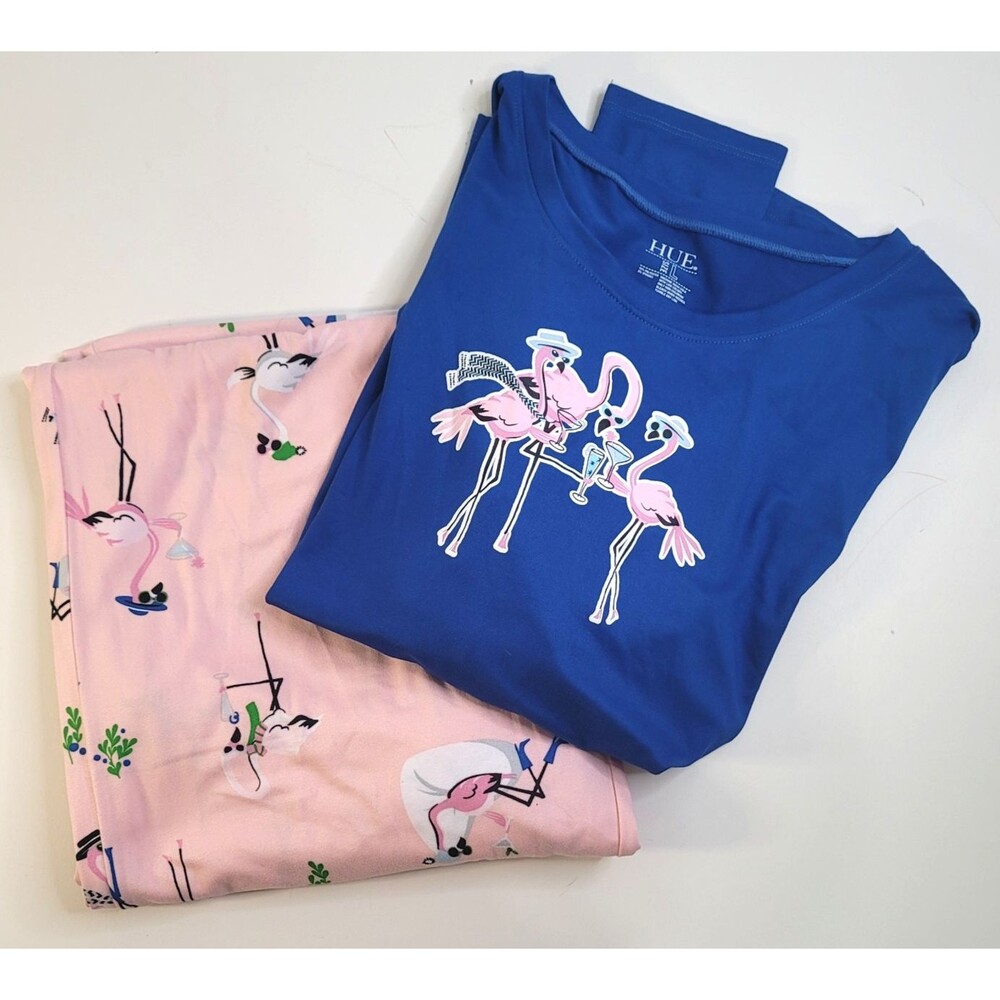 Hue Flamingo Pajama Set Womens Large Pink Blue Lounge Soft Stretch Sleepwear